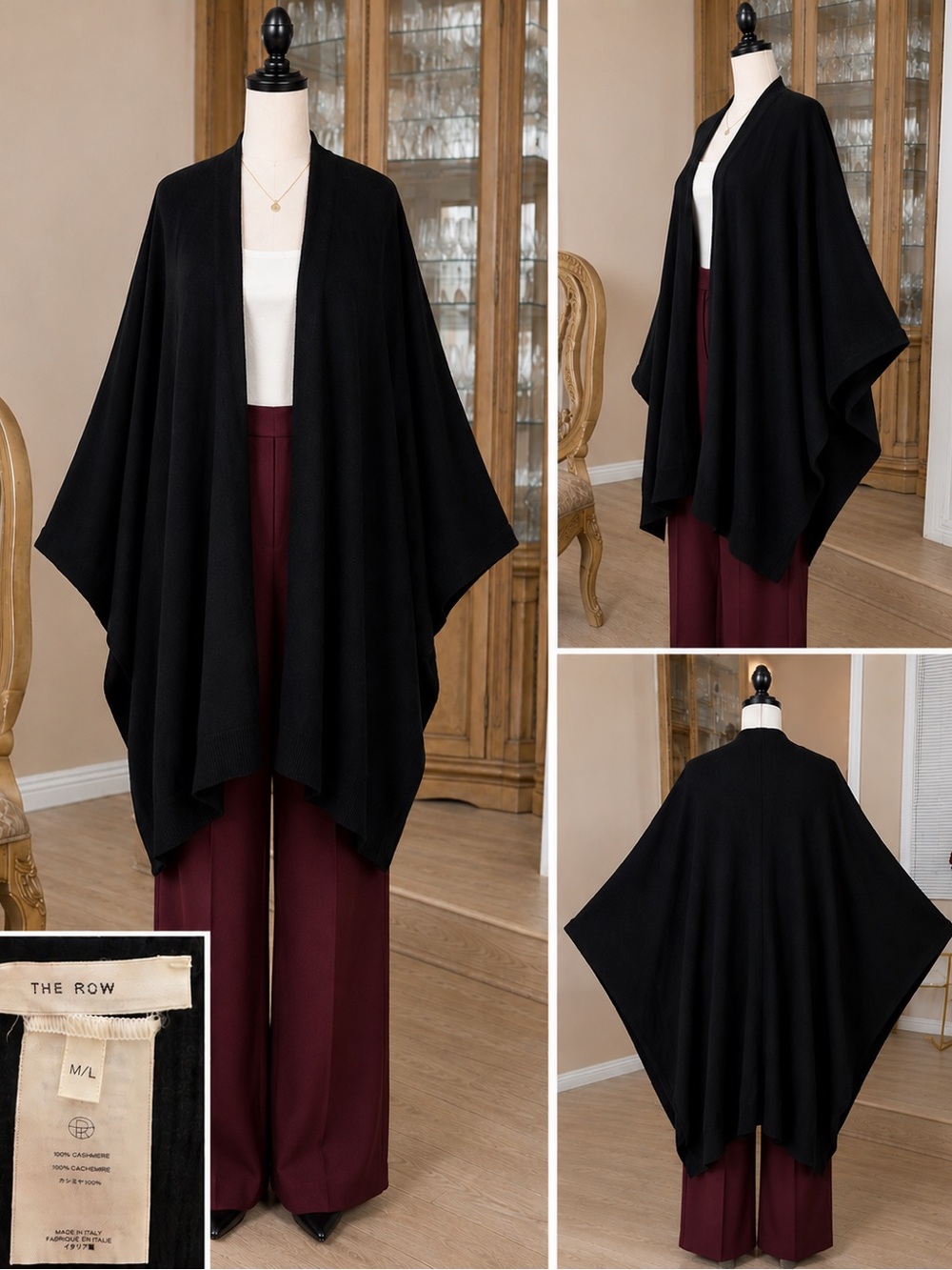 Authentic The Row 100% Cashmere Oversized Cape Poncho Black Italy M/L